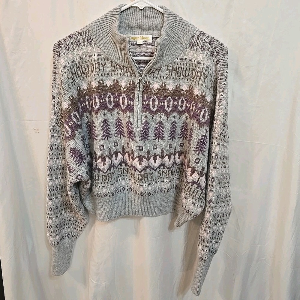 Sugar Moon Grey "Snow Day" Fair Isle Pullover Cropped 1/2 Zip Sweater Sz L NWT‎